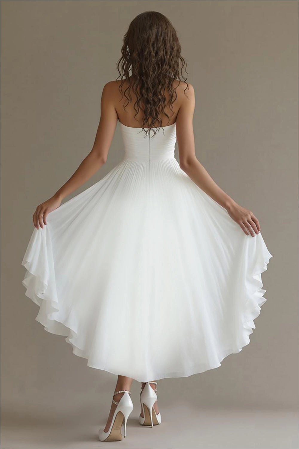 Front view of white strapless sweetheart high low Prom Dress with A-line ruffle skirt by Vedress